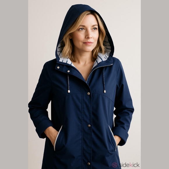 Croft & Barrow Navy Blue Nautical Inspired Back Draped Hooded Rain Jacket Size M - Picture 1 of 9